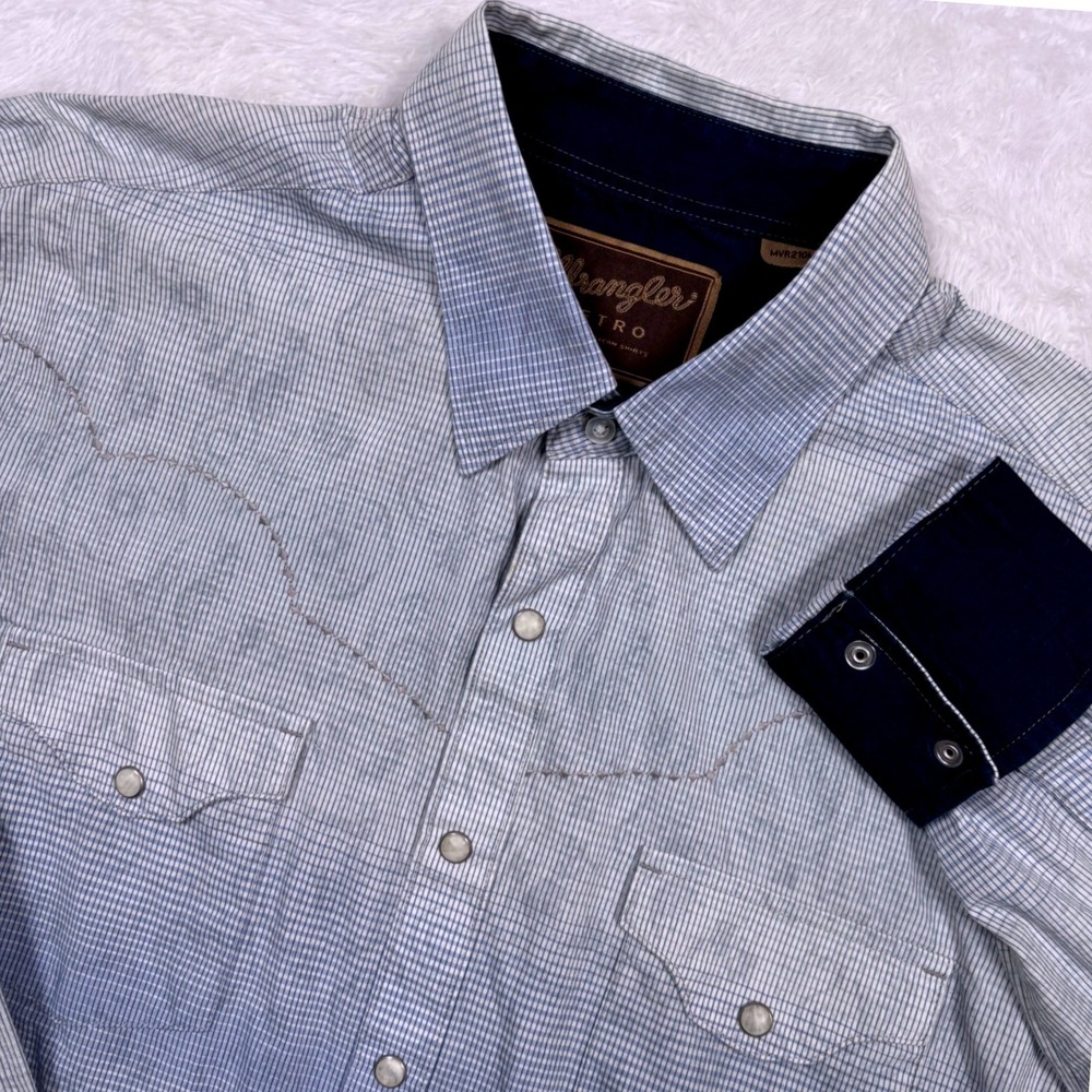 Wrangler Retro Western Shirt Mens L Blue White Ombre Jacquard Pearl Snap Rodeo